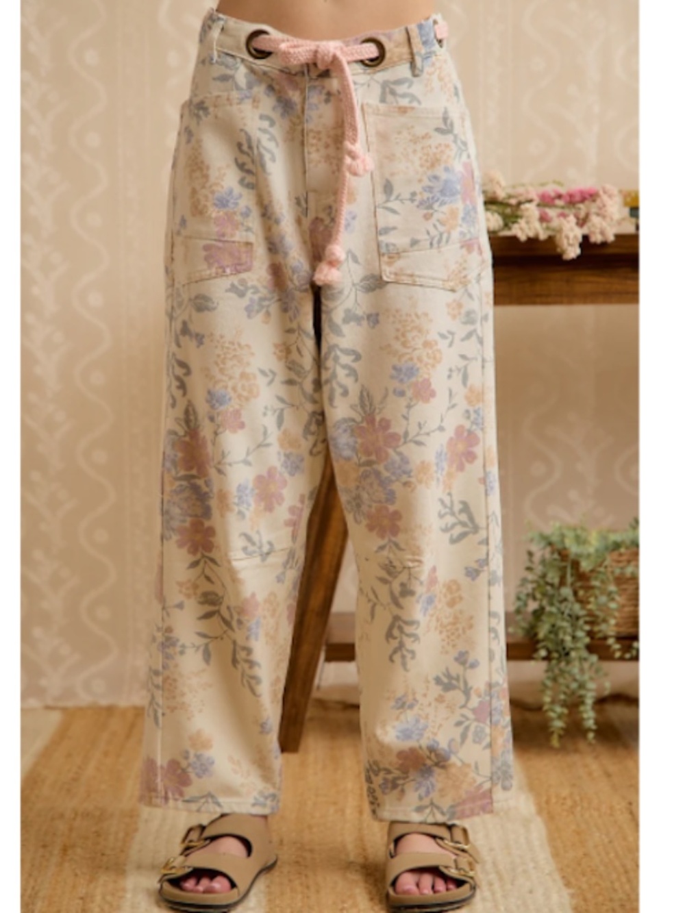 BiBi Vintage-Inspired Floral Cotton Drawstring Jeans